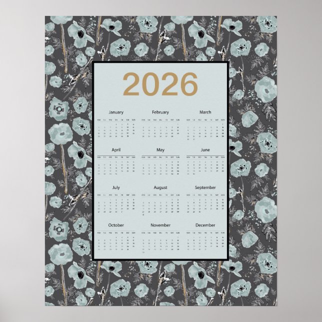 2026 Calendar Full Year Blue Gray Poppies Poster (Framsidan)