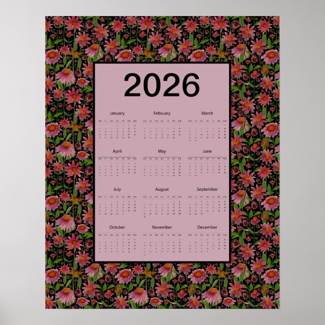 2026 Calendar Full Year Cone Flowers Poster (Framsidan)