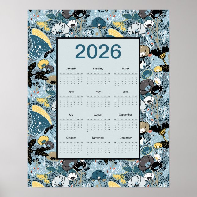 2026 Calendar Full Year Floral Butterflies Poster (Framsidan)