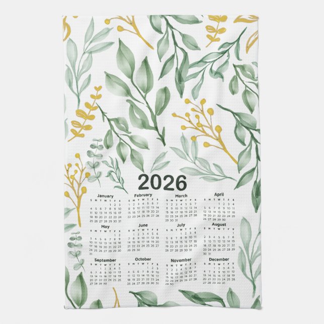 2026 Calendar Grönt Lövs & Golden Gult Blommigt Kökshandduk (Vertikal)