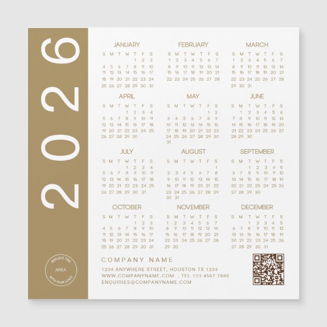 2026 Calendar Guld Text QR Code Company Logotyp (Framsida)