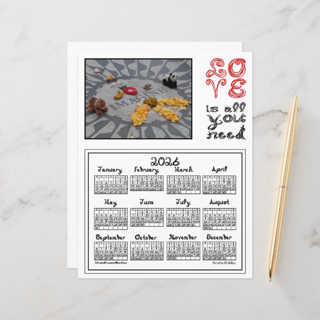 2026 Calendar Imagine Peace Photo Love Fabric Font (Fram/Back In Situ)