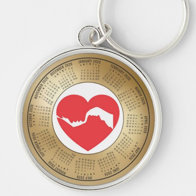 2026 Calendar Keychain Lovers Red Heart Rund Silverfärgad Nyckelring (Framsidan)