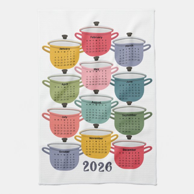 2026 Calendar Kitchen Colorful Cookware Kökshandduk (Vertikal)