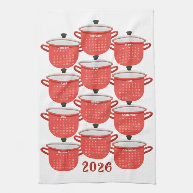 2026 Calendar Kitchen Red Cookware Kökshandduk (Vertikal)