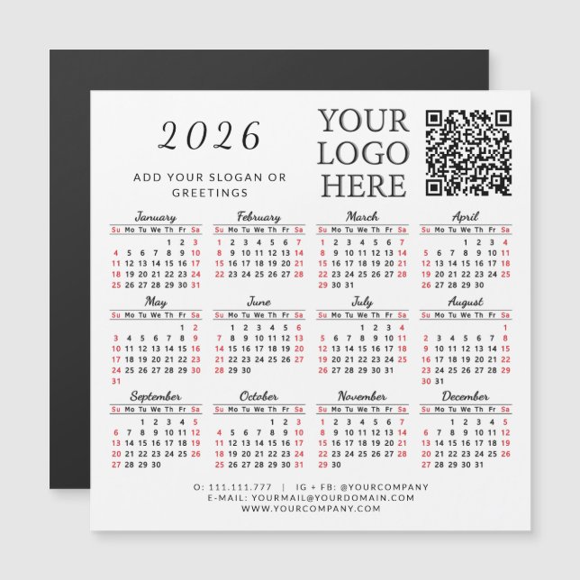 2026 Calendar Magnet Business QR Code Company Logo (Fram/baksida)