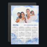 2026 Calendar Magnet Family Photo Namn Blue White<br><div class="desc">Skapa en magnetkalender för personlig 2026 med foto- och blå marmordesign. Med mallarna är det enkelt att skriva din Family namn och ladda upp personligt bild om du vill ha samma molnform ram runt fotot. Söndag till lördag 2026 är en praktisk presentidé för Thanksgiving Dag, jul, nyår eller tillfälle.</div>