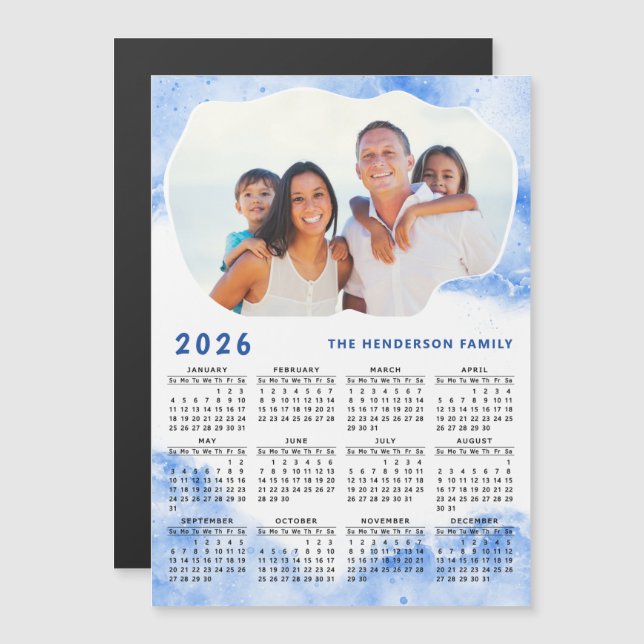 2026 Calendar Magnet Family Photo Namn Blue White (Fram/baksida)