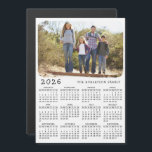 2026 Calendar Magnet Family Photo White Black<br><div class="desc">Den här kalendermagneten för 2026 i ett enkelt minimalistiskt stil är lätt att anpassa med din familjs namn och anpassningsbar foto för att skapa en unik present till dina nära och kära. Den vita och svarta designen med ett färgstarkt bild är vacker och tydlig och är en praktisk presentidé för...</div>