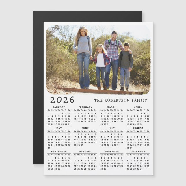 2026 Calendar Magnet Family Photo White Black (Fram/baksida)