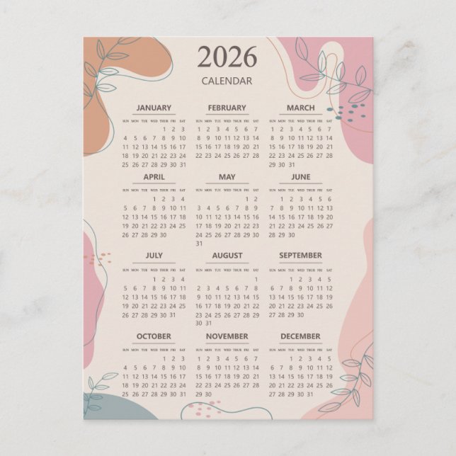 2026 Calendar Mid Century Abstrakt Boho Aesthetic Vykort (Framsida)