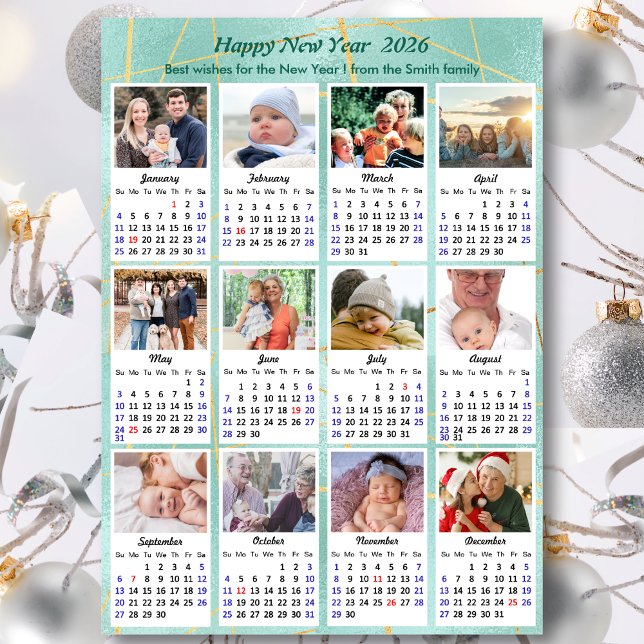 2026 Calendar Mint Grönt Glitter Family 12 Photo Julkort (Skapare uppladdad)