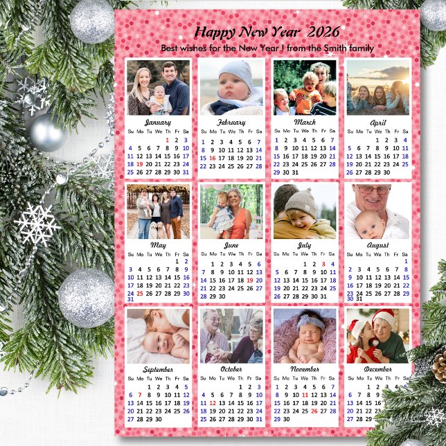 2026 Calendar Modern Family 12 Photo Festive Rosa Julkort (Skapare uppladdad)