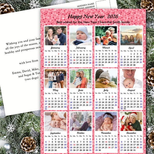 2026 Calendar Modern Family 12 Photo Rosa Glitter Helg Vykort (Skapare uppladdad)