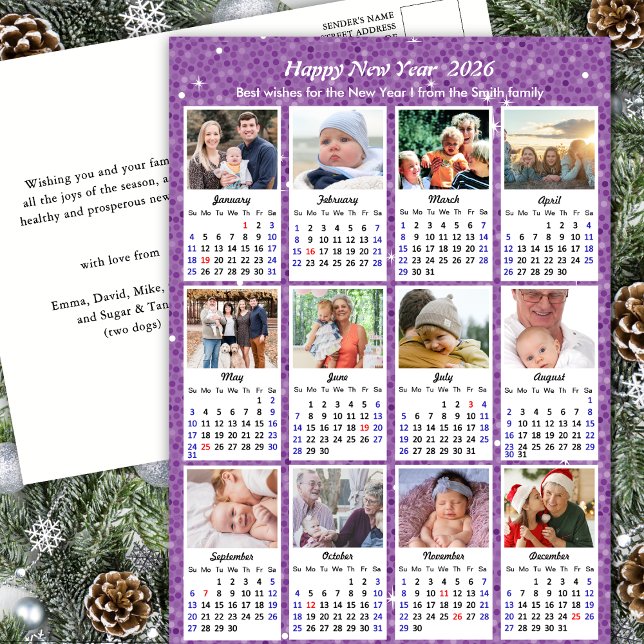 2026 Calendar Modern Family Photo Lila Glitter Helg Vykort (Skapare uppladdad)