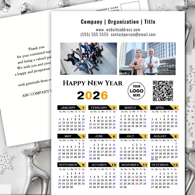 2026 Calendar Modern Guld Black Business Logotyp Q Helg Vykort (Skapare uppladdad)