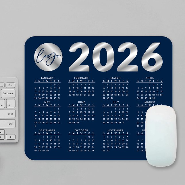 2026 Calendar Navy Blue & Silver Company Logotyp Musmatta (Skapare uppladdad)