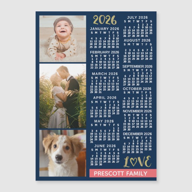 2026 Calendar Navy Coral Gold Photo Collage Magnet (Framsida)