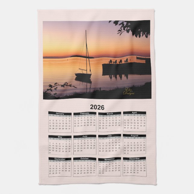2026 Calendar of a Sunset on Lake with Silhouette  Kökshandduk (Vertikal)