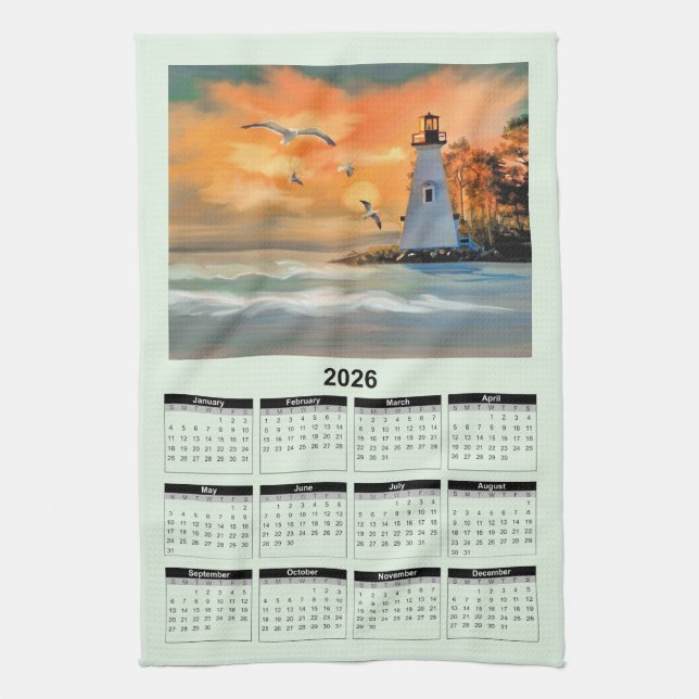 2026 Calendar of a White Lighthouse in Sunset Kökshandduk (Vertikal)