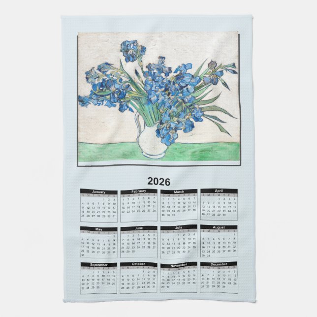2026 Calendar of Van Gogh Blue Flowers in Vase Kökshandduk (Vertikal)