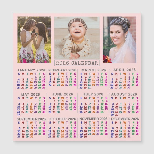 2026 Calendar Pink Family Photo Collage Magnet (Framsida)