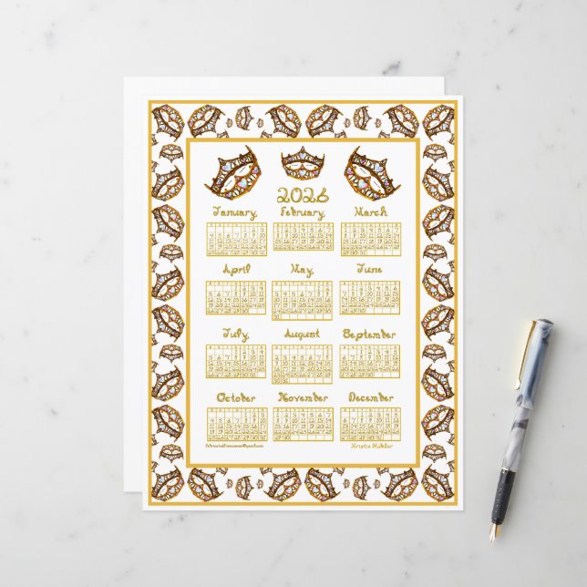 2026 Calendar Queen Hearts Gold Crown Fabric Font (Fram/Back In Situ)