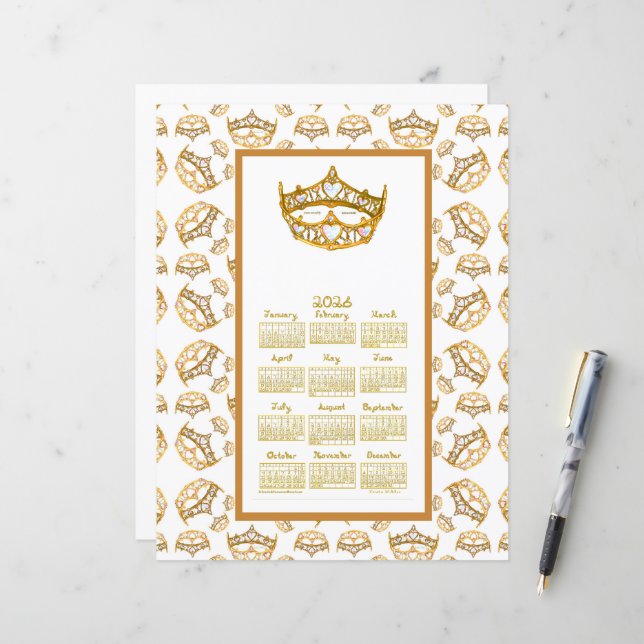 2026 Calendar Queen Hearts Gold Crown Fabric Font (Fram/Back In Situ)