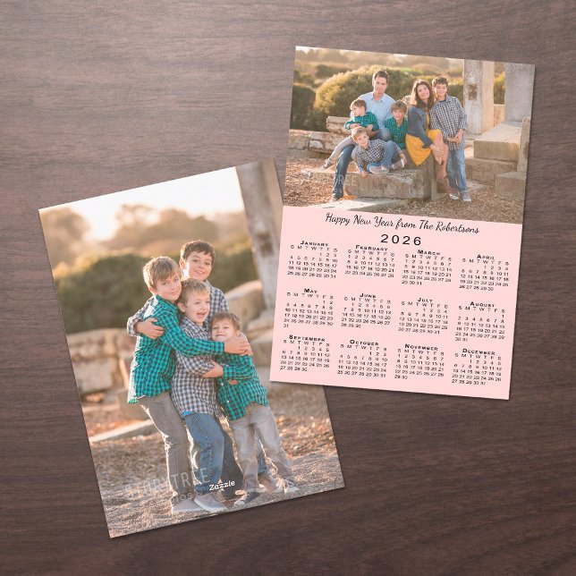 2026 Calendar Rosa 2 Anpassningsbar Foton Gott nyt Julkort (2026 Calendar Pink 2 Custom Photos Happy New Year Holiday Card, front/back)