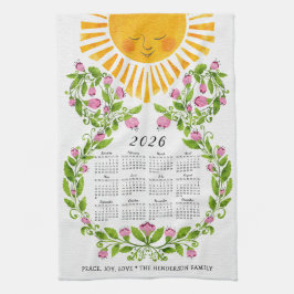 2026 Calendar Rosa Flowers Cute Sol Blommigt Kökshandduk