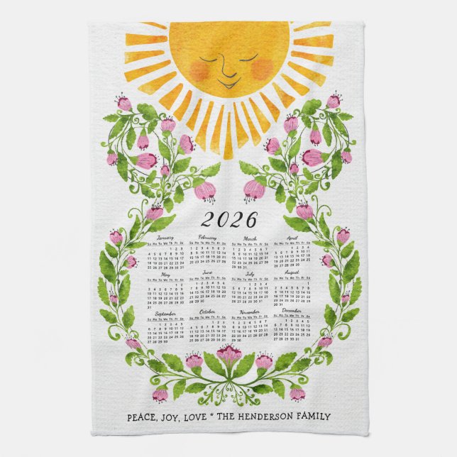 2026 Calendar Rosa Flowers Cute Sol Blommigt Kökshandduk (Vertikal)