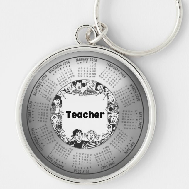 2026 Calendar Round Keychain Teacher Rund Silverfärgad Nyckelring (Framsidan)