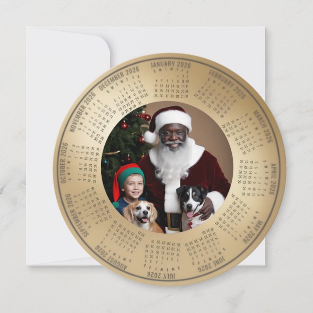 2026 Calendar Santa with Boy and Dogs Holiday Card Julkort (Framsida)