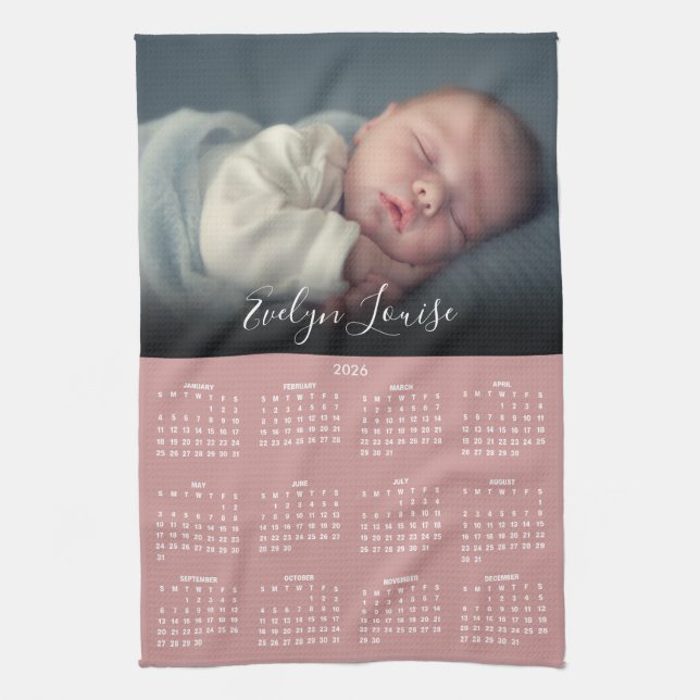 2026 Calendar Script Name Photo Dusty Rose Pink Kökshandduk (Vertikal)