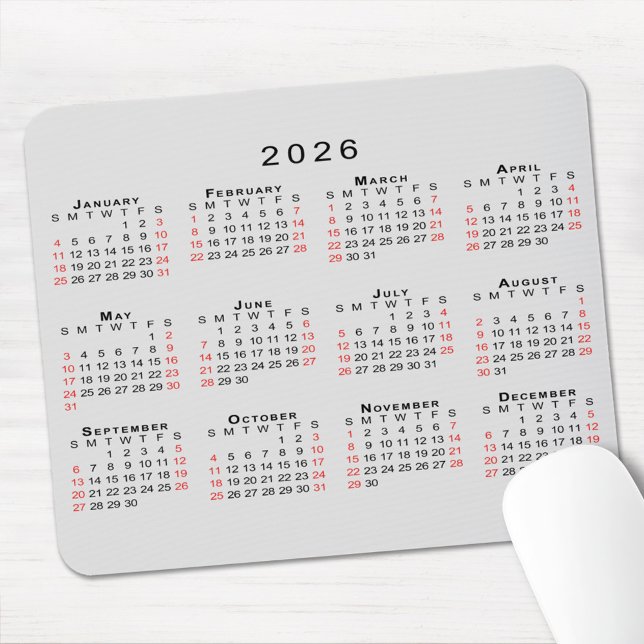 2026 Calendar Simple Gray Black Red Musmatta (2026 Calendar Simple Gray Black Red Mouse Pad, in situ)
