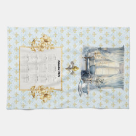 2026 Calendar Towel Blue Fleur de Lis Parisian  Kökshandduk