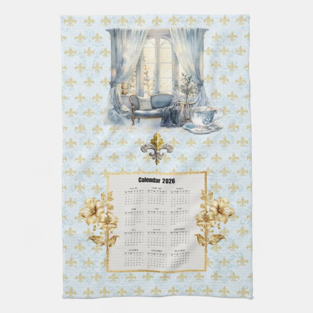 2026 Calendar Towel Blue Fleur de Lis Parisian  Kökshandduk (Vertikal)
