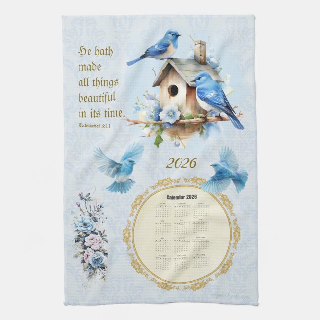 2026 Calendar Towel Bluebirds Birdhouse Ecc 3:11 Kökshandduk (Vertikal)