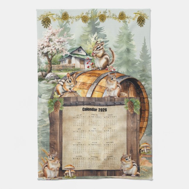 2026 Calendar Towel Cute Chipmunks Kökshandduk (Vertikal)