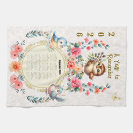2026 Calendar Towel Cute Folk Floral Birds  Kökshandduk