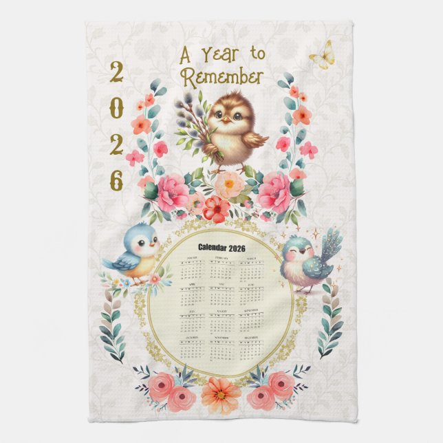 2026 Calendar Towel Cute Folk Floral Birds  Kökshandduk (Vertikal)