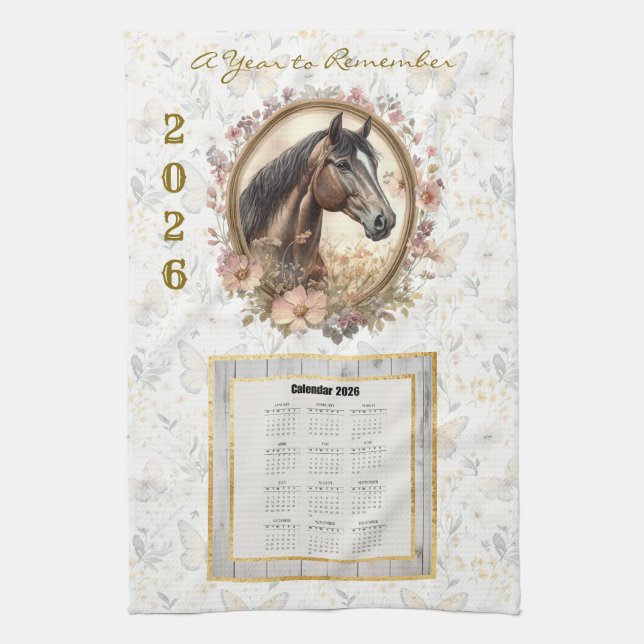 2026 Calendar Towel  Floral Horse and Butterfly Kökshandduk (Vertikal)
