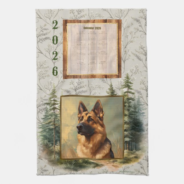 2026 Calendar Towel German Shepherd Woodland Kökshandduk (Vertikal)