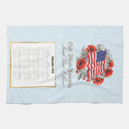 2026 Calendar Towel God Bless America Flag Poppies Kökshandduk