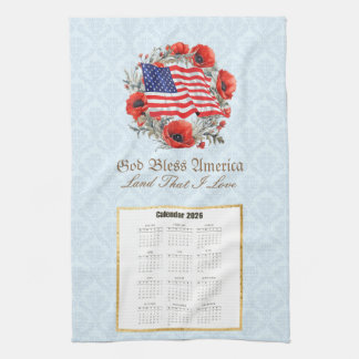 2026 Calendar Towel God Bless America Flag Poppies Kökshandduk