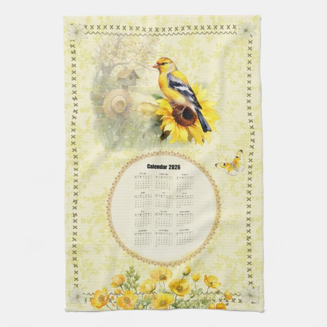 2026 Calendar Towel Gult Goldfinch Kökshandduk (Vertikal)