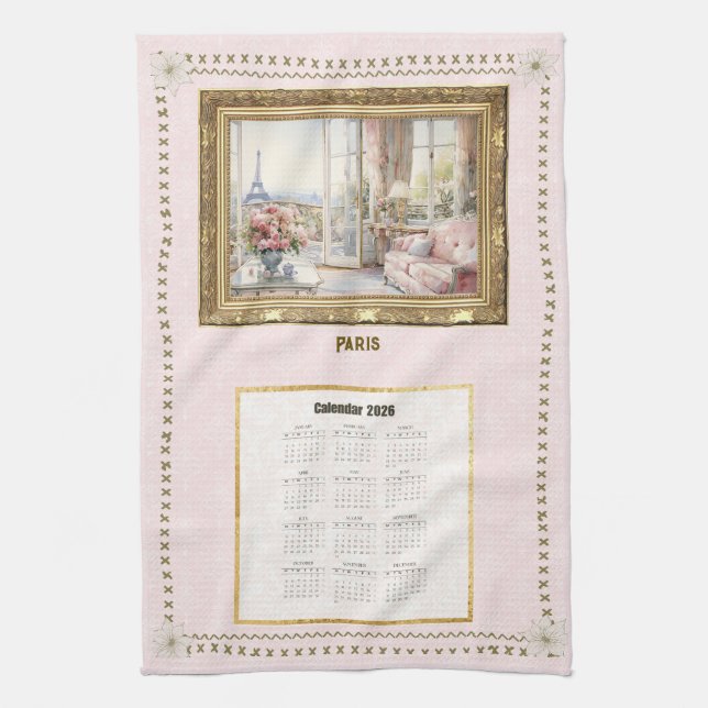 2026 Calendar Towel Paris View Custom Message Kökshandduk (Vertikal)