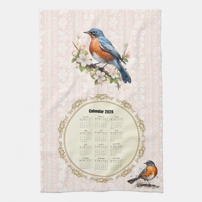 2026 Calendar Towel Robin Bird Peach Damask Kökshandduk (Vertikal)