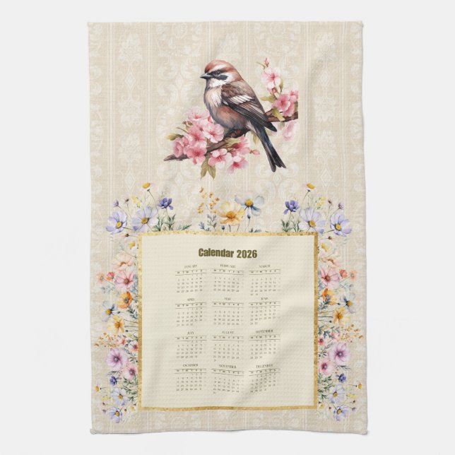 2026 Calendar Towel Sparrow with Wildflowers Kökshandduk (Vertikal)