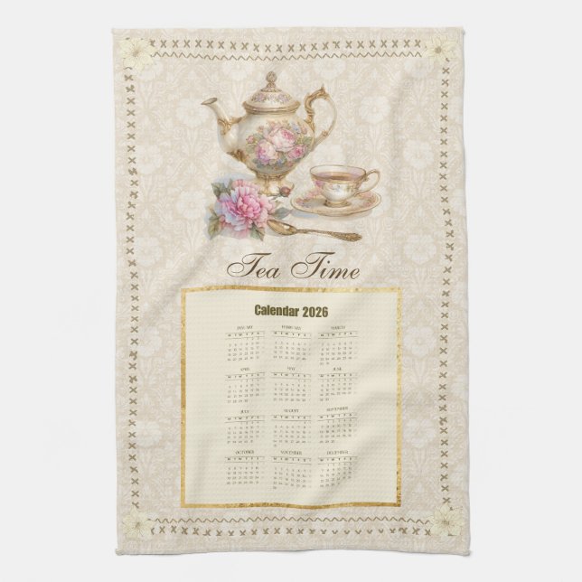 2026 Calendar Towel Tea Time or Custom Message Kökshandduk (Vertikal)